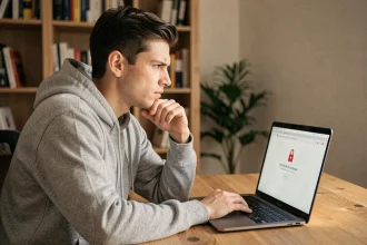 Homme frustré devant un écran d'ordinateur affichant un accès refusé à son espace membre en ligne