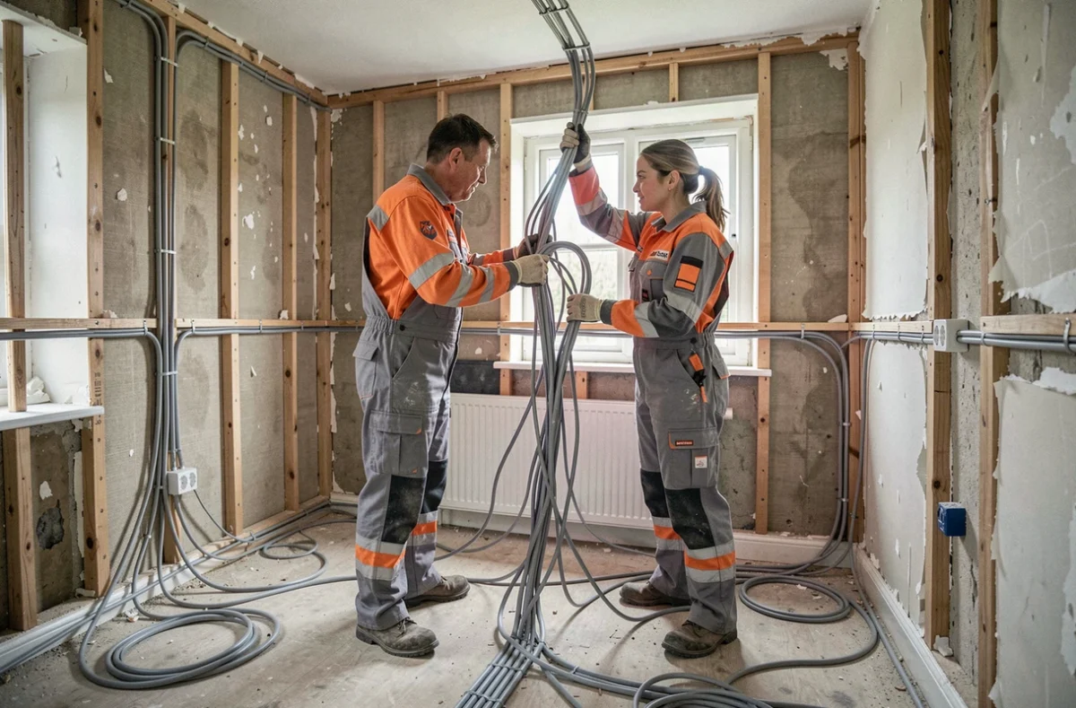 Équipe d'Access Rénovation réalisant une rénovation électrique complète dans une maison normande