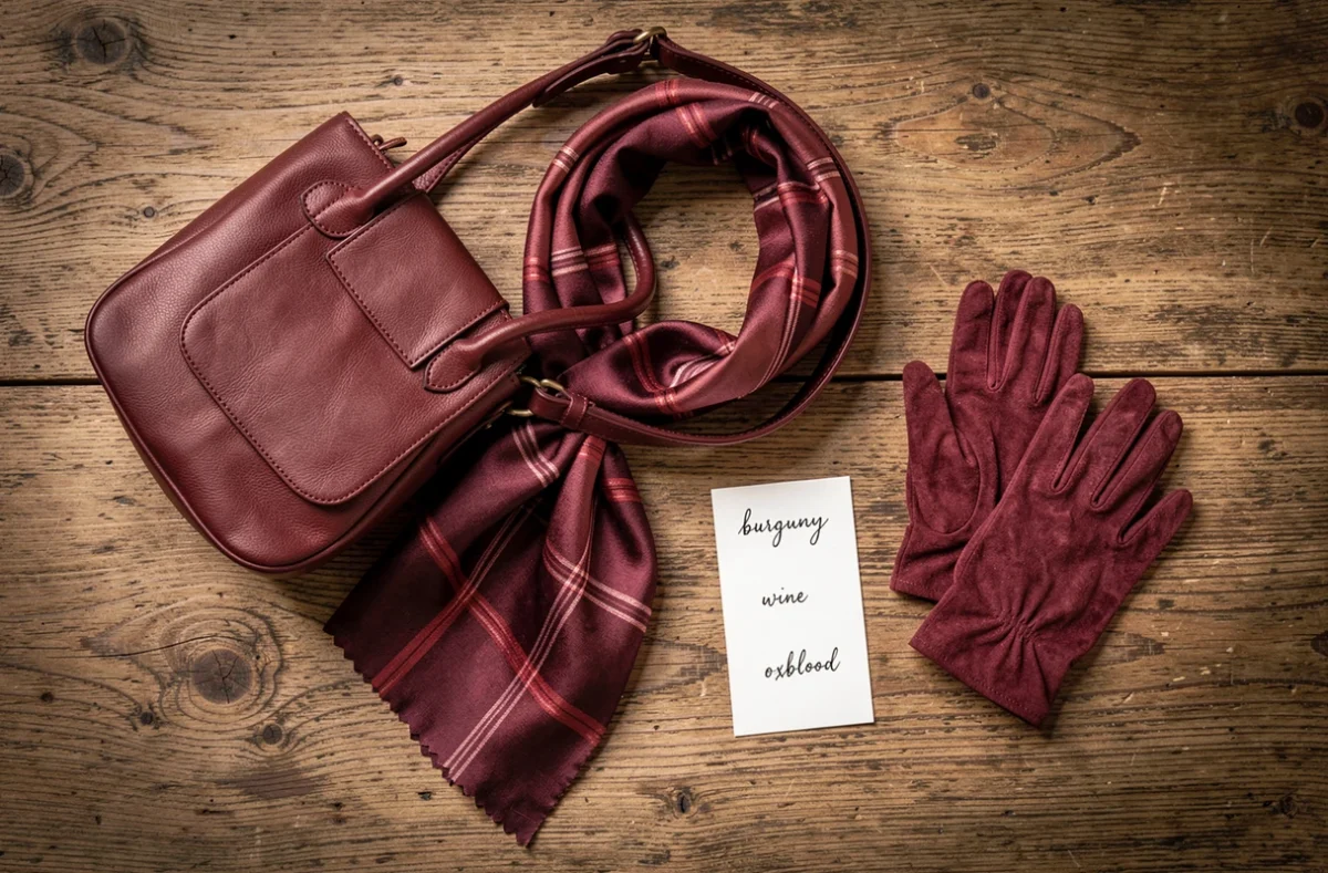 Plat posé d'accessoires de mode en différentes nuances de bordeaux avec étiquettes en anglais des termes de couleur, sur une table en chêne rustique