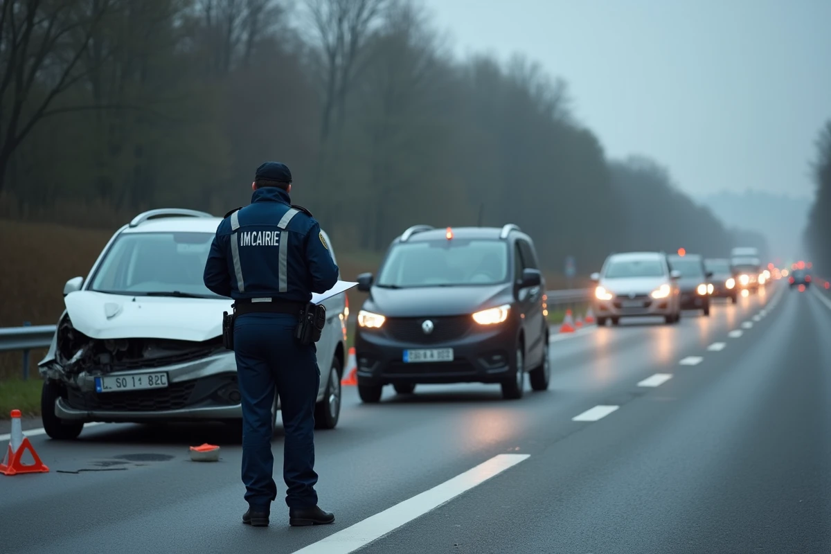 Scène d'accident sur autoroute française avec gendarme et véhicules accidentés sur la bande d'arrêt d'urgence