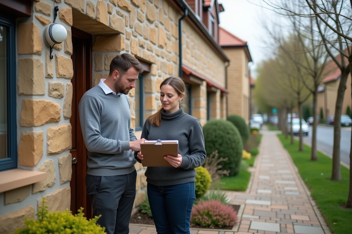 Homme d'affaires visitant une maison avec un agent immobilier dans le cadre d'un achat immobilier via une société