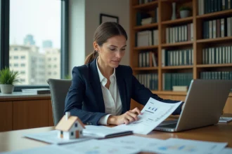 Femme d'affaires consultant des documents immobiliers et des papiers de société pour acheter une maison via sa entreprise