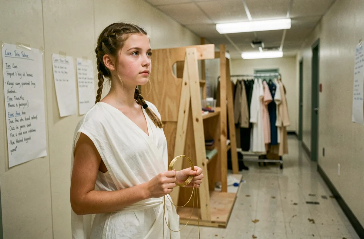 Jeune actrice déguisée en Ariane tenant un fil doré dans les coulisses d'un théâtre scolaire