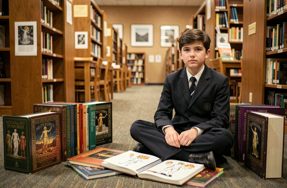 Adolescent en bibliothèque consultant des encyclopédies de mythologie grecque avec des notes manuscrites sur les dieux du feu pour un exposé scolaire