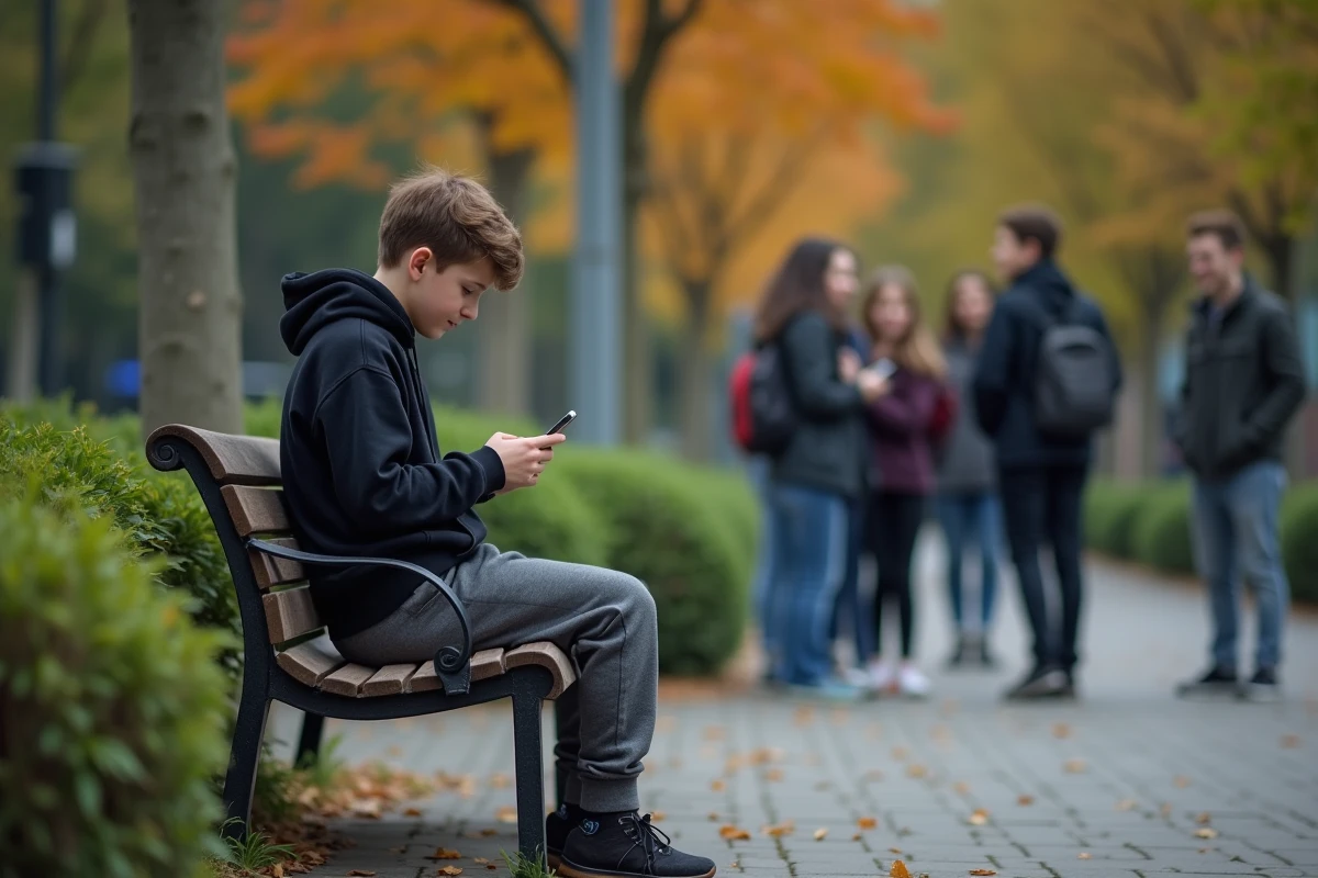 Adolescent isolé sur un banc de parc regardant son téléphone pendant que ses pairs socialisent en arrière-plan, symbolisant l'isolement social lié aux réseaux sociaux