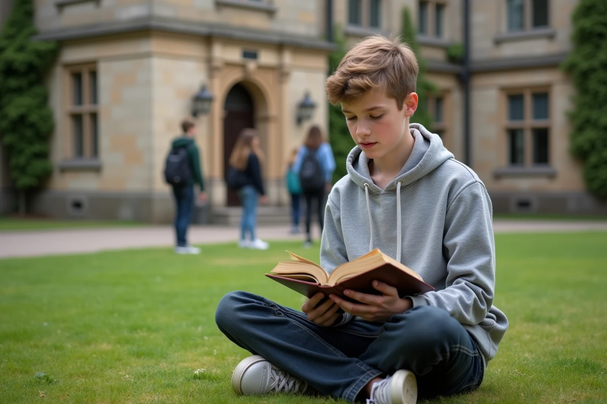 Adolescent lisant un livre dans une cour d'université illustrant la quête du savoir