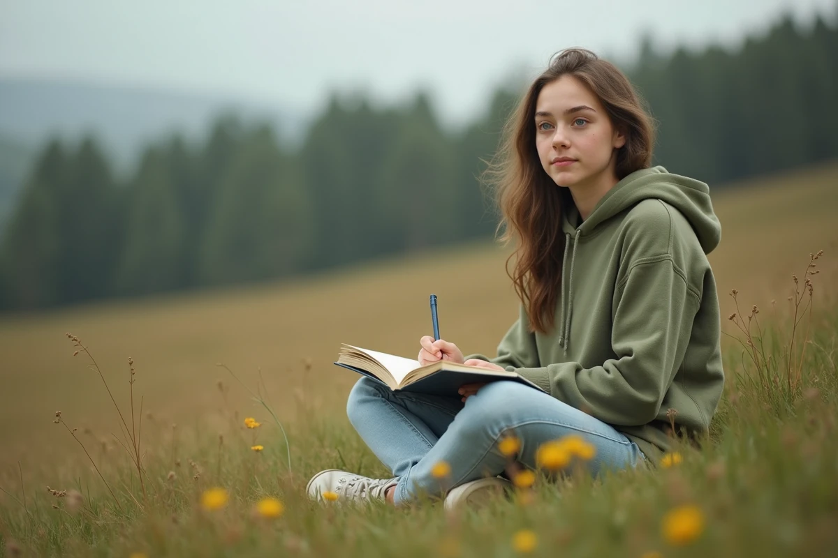 Adolescente écrivant dans un journal intime assise dans un pré, expression de réflexion intérieure illustrant la résilience émotionnelle