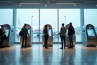 Terminal d'aéroport futuriste en 2026 avec bornes d'enregistrement biométriques et voyageurs utilisant des interfaces tactiles sans contact