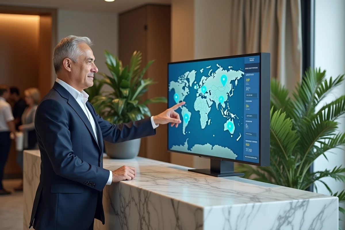 Agent de voyage présentant une carte touristique interactive sur écran tactile dans un hôtel