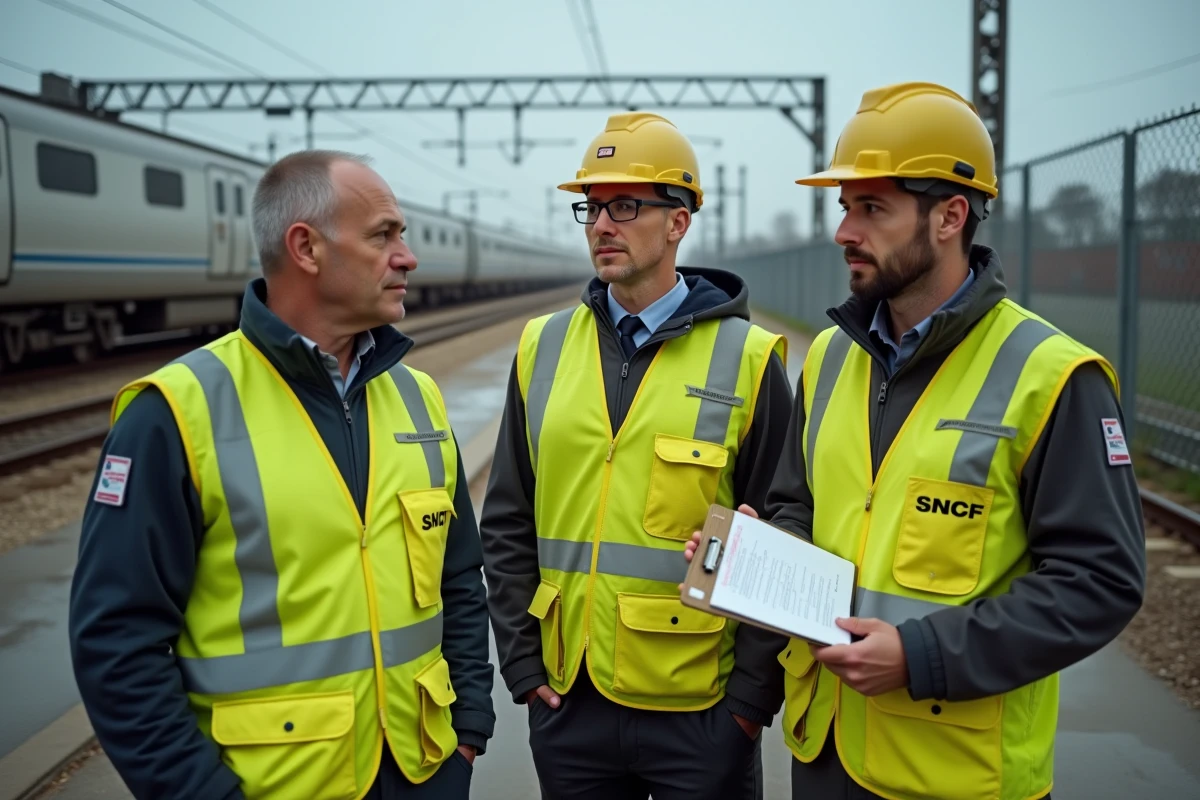 Agents SNCF en gilets jaunes discutant dans un dépôt ferroviaire, illustrant les conditions de travail et les enjeux de recrutement du personnel technique