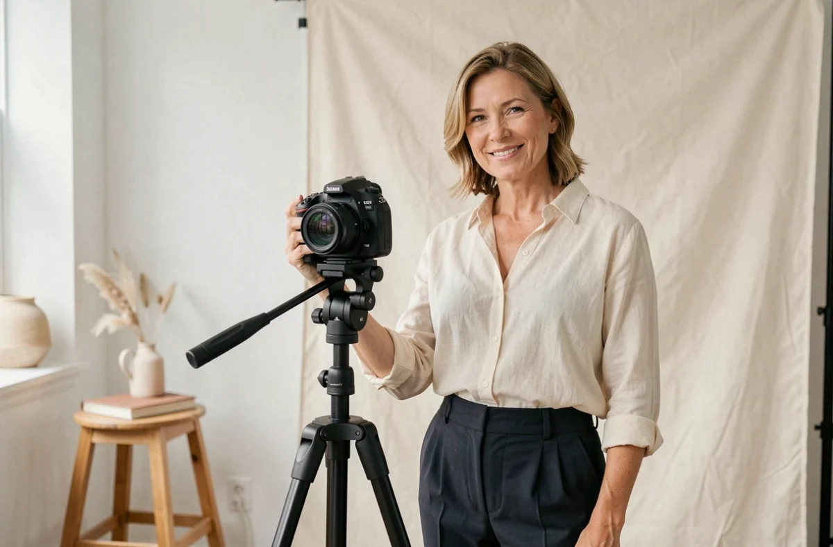 Une photographe féminine souriante dans son studio portrait lumineux avec trépied et fond ivoire, illustrant Agnès Sanz photographe