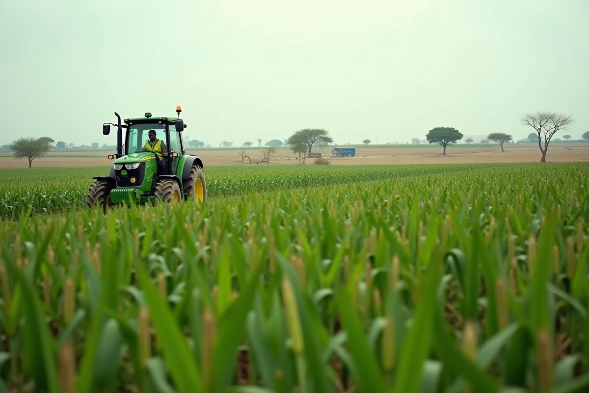 Grande plantation commerciale de maïs avec tracteur agricole dans le nord du Nigéria