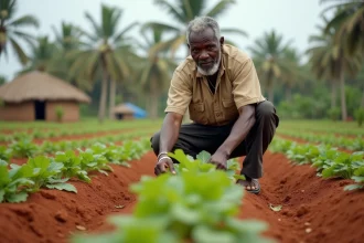Agriculteur nigérian inspectant des plants de manioc sur une petite exploitation de subsistance en milieu rural