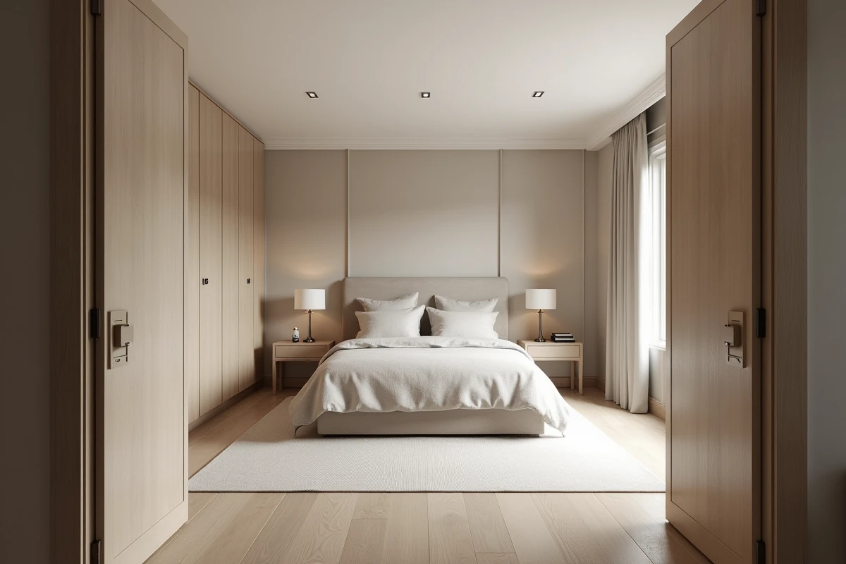 Chambre parentale spacieuse vue depuis la porte avec un agencement optimal et des espaces de circulation généreux autour du lit