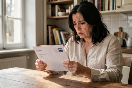 Femme lisant une amende espagnole reçue tardivement par courrier postal à son domicile en France