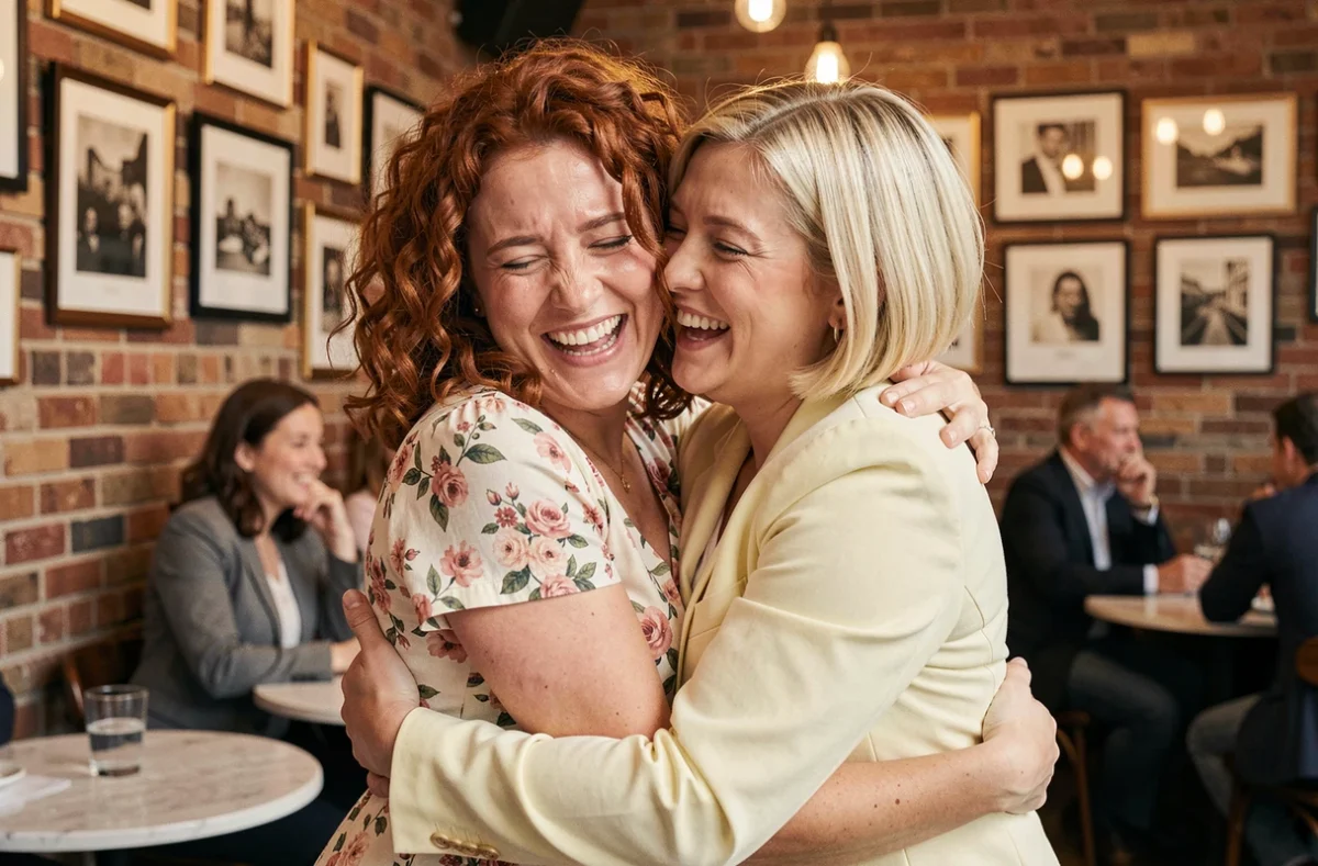 Deux amies qui s'embrassent avec émotion après un discours d'amitié pour un anniversaire dans un café