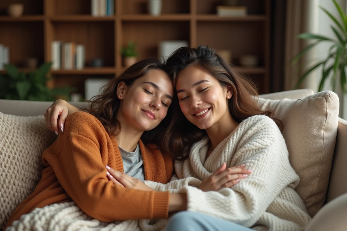 Deux amies s'enlacant chaleureusement sur un canapé, exprimant le réconfort émotionnel et la guérison du manque d'affection