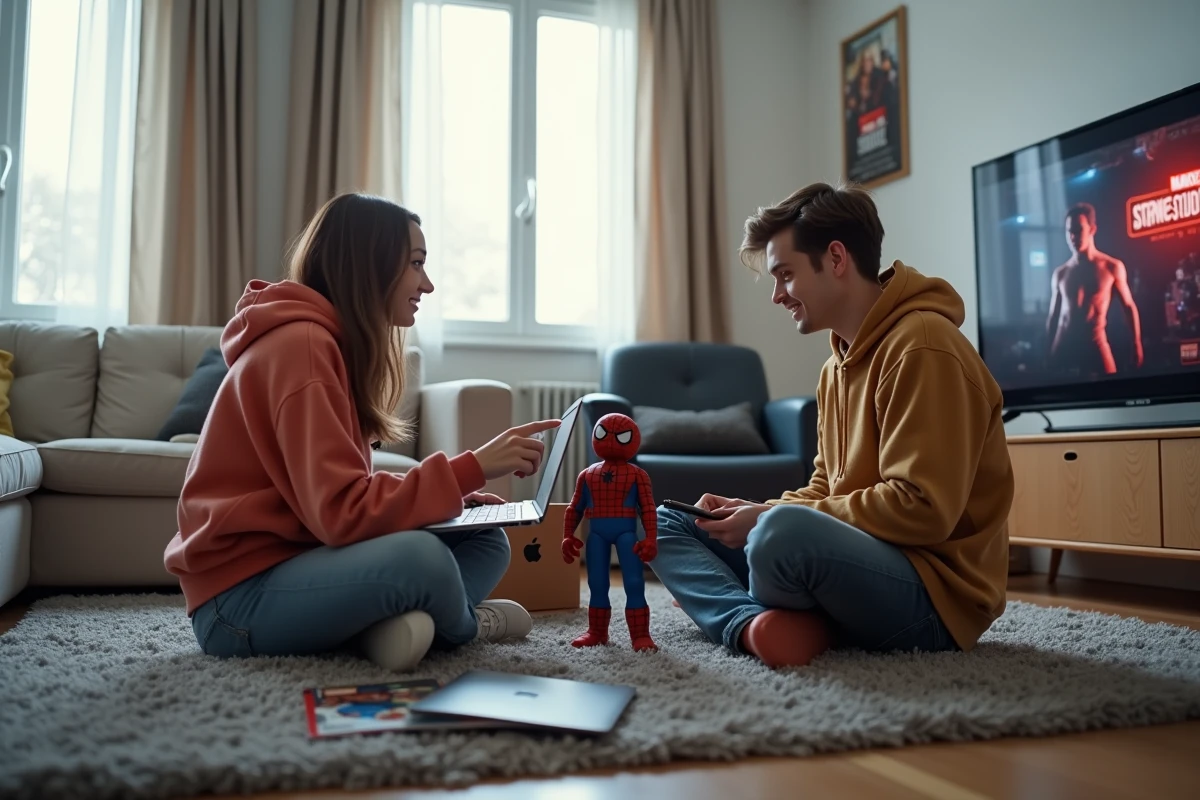 Deux amis assis par terre entourés de comics Spider-Man et d'un ordinateur portable consultant l'ordre chronologique des films Tom Holland