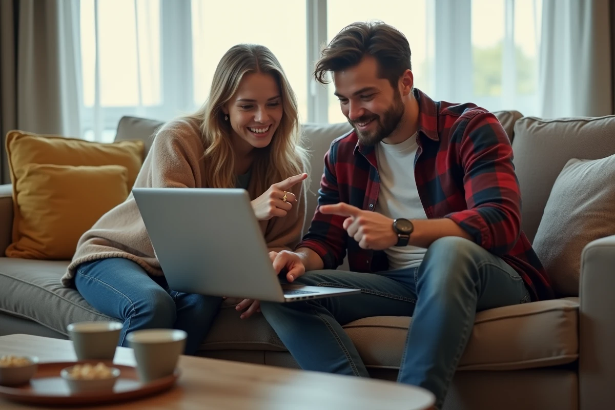 Deux amis consultant ensemble une solution détaillée de jeu d'évasion sur ordinateur portable