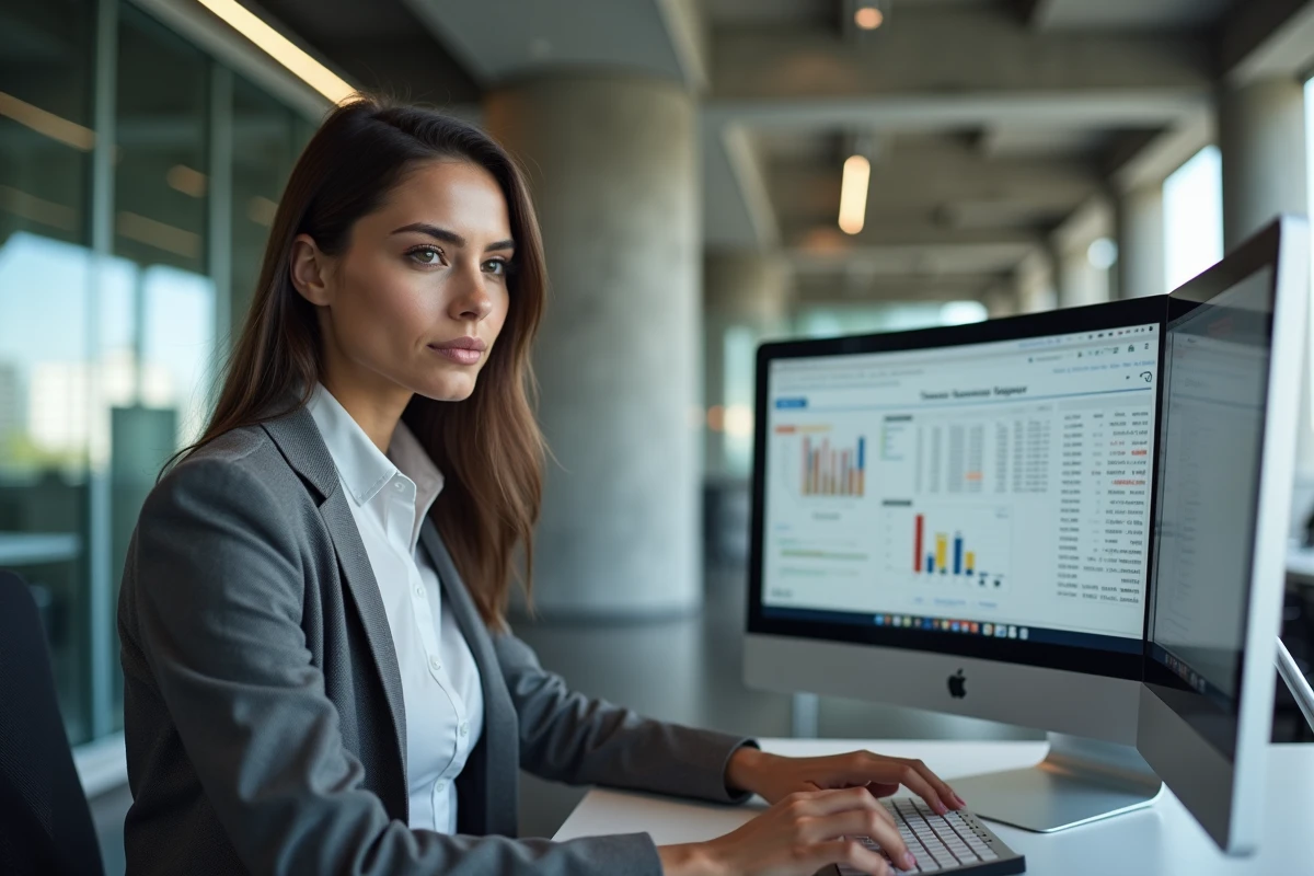 Une jeune femme professionnelle analyse des tranches d'imposition américaines sur des écrans d'ordinateur dans un bureau moderne