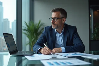 Analyste financier étudiant des graphiques d'investissement dans un bureau moderne avec vue sur la ville