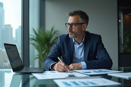 Analyste financier étudiant des graphiques d'investissement dans un bureau moderne avec vue sur la ville