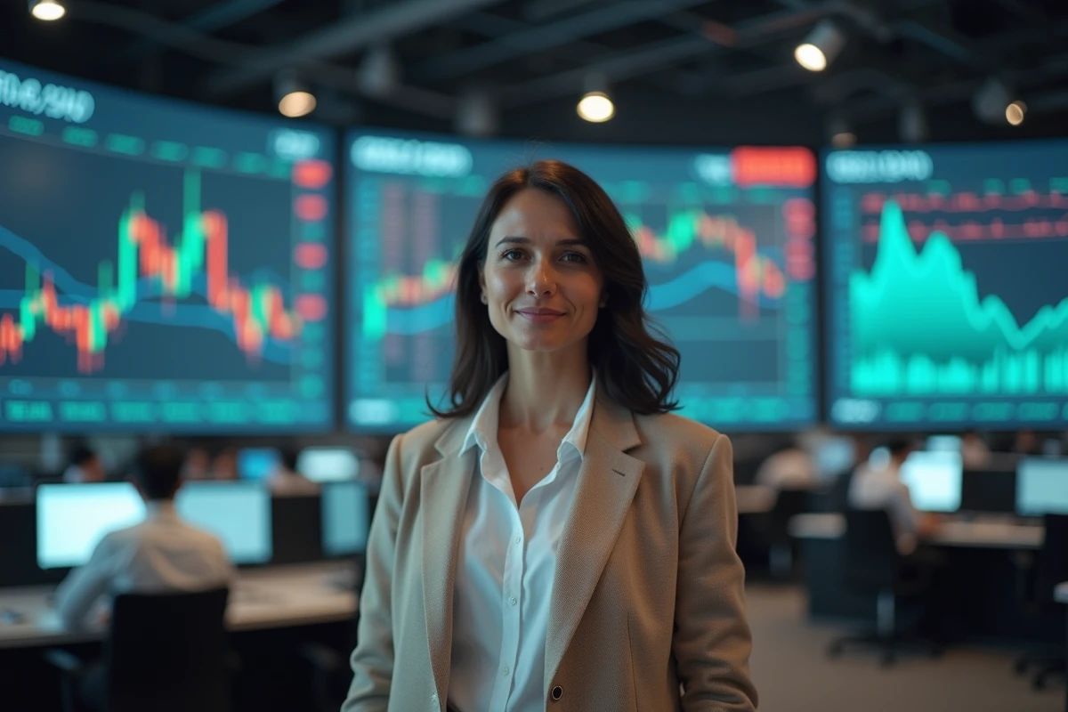 Femme analyste devant un tableau de cotations des taux de change sur un plancher boursier