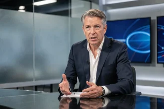 Animateur politique assis à un plateau de débat télévisé, exprimant son analyse avec conviction lors d'une émission politique