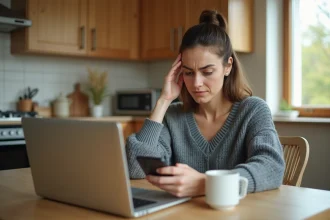Femme annulant son abonnement Amazon Prime sur smartphone et ordinateur portable dans une cuisine moderne