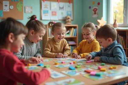 Enfants en classe jouant ensemble avec des puzzles et des blocs de bois dans le cadre d'un apprentissage par le jeu