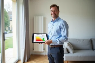 Auditeur énergétique tenant une tablette avec un bilan DPE devant un radiateur électrique dans un salon moderne