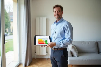 Auditeur énergétique tenant une tablette avec un bilan DPE devant un radiateur électrique dans un salon moderne