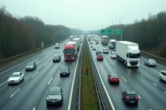 Vue aérienne d'une autoroute française très fréquentée avec trafic dense et signalisation routière