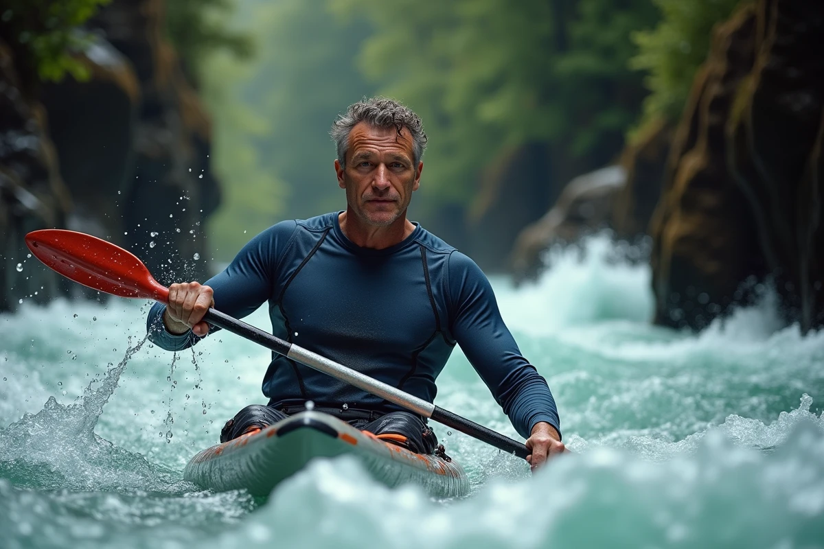 Kayakiste masculin naviguant des rapides dans un canyon rocheux lors d'une aventure nautique extrême