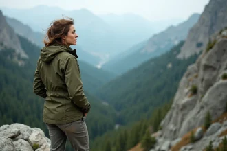 Randonneuse contemplant un vaste paysage montagneux depuis une crête rocheuse lors d'une aventure en plein air