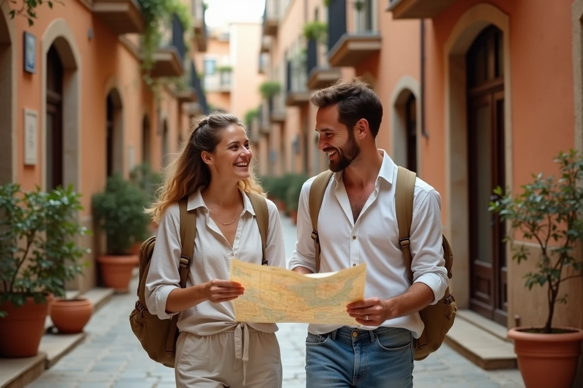 Deux amis voyageurs explorant une ruelle pavée d'une vieille ville méditerranéenne avec une carte papier
