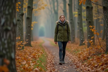Femme se promenant sur un sentier forestier en automne près de Paris, entourée de hêtres et de chênes aux feuilles dorées