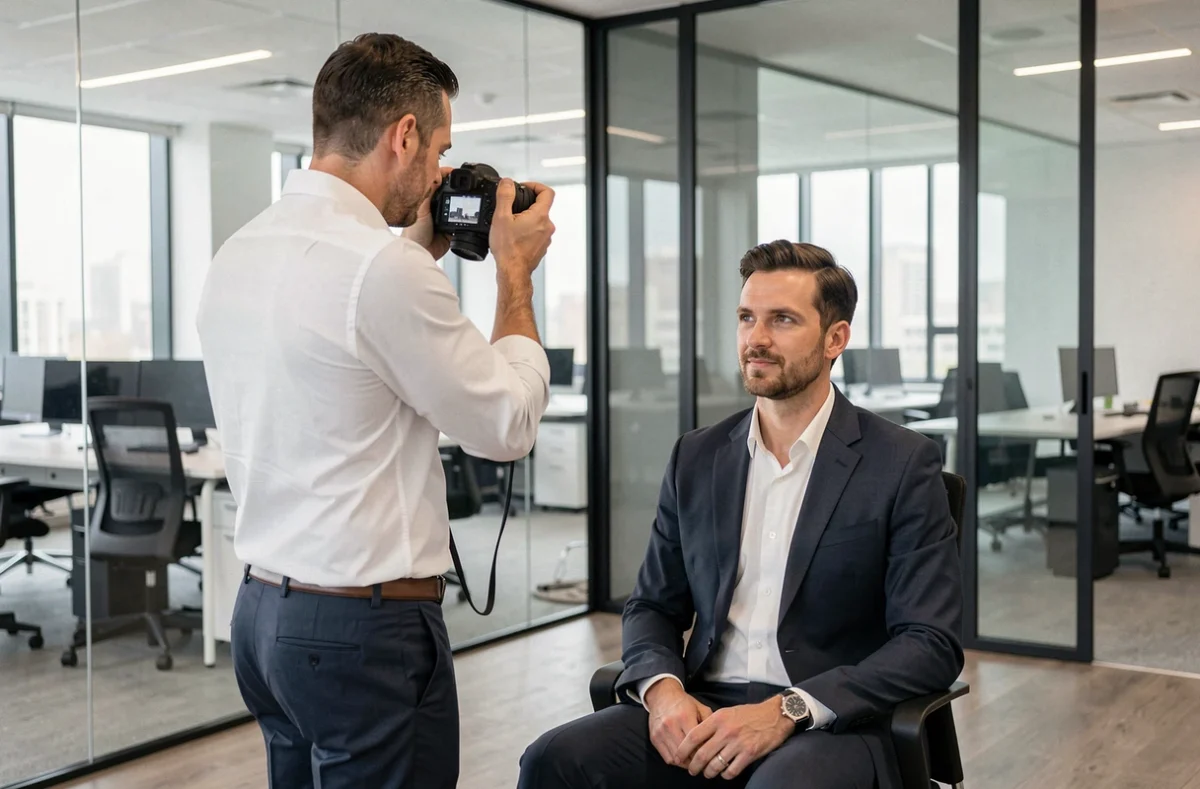 Un photographe d'entreprise réalisant un portrait professionnel dans un espace de bureau moderne à Bordeaux, illustrant Barbot Studio
