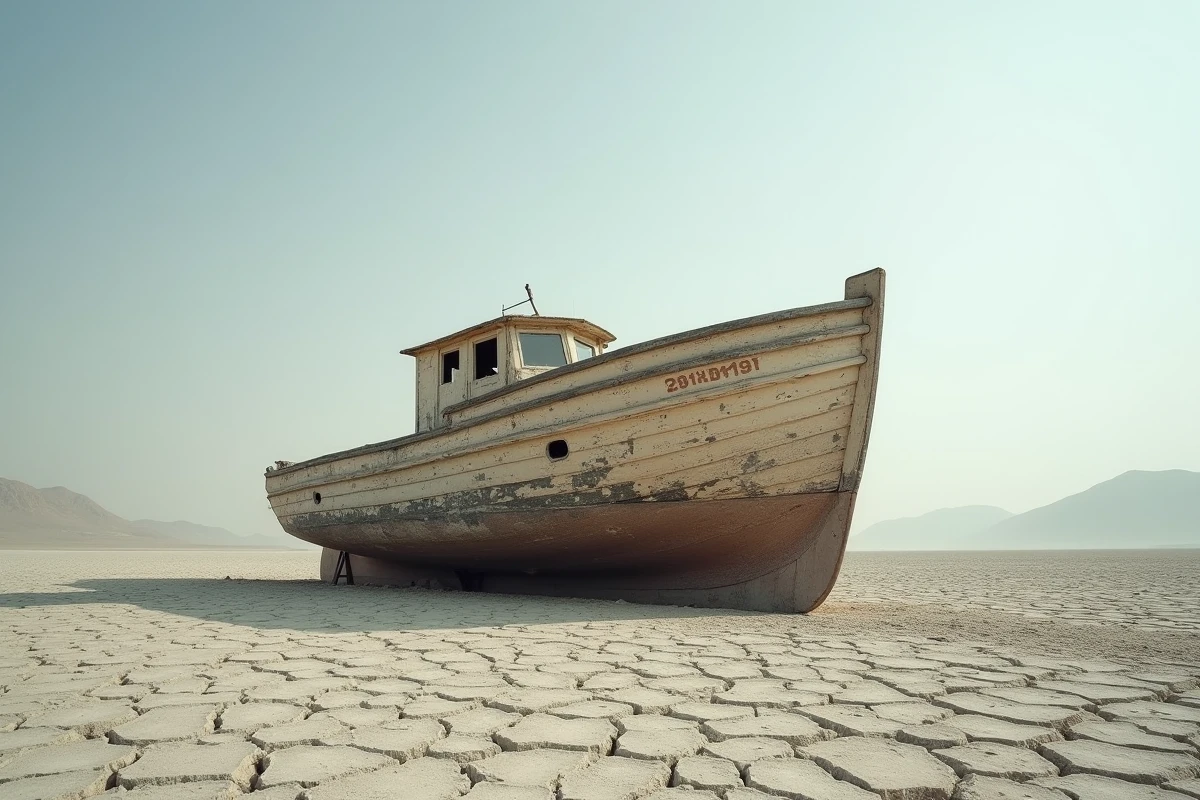 Bateau de pêche abandonné échoué sur les terres sèches de l'ancienne mer d'Aral, symbole de disparition écologique