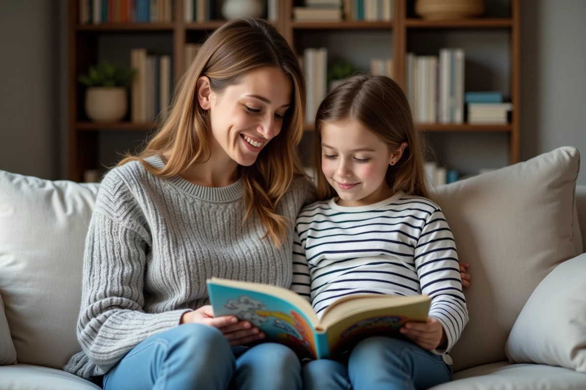 Belle-mère et belle-fille lisant un livre ensemble sur un canapé dans un salon confortable, illustrant une relation bienveillante au sein d'une famille recomposée