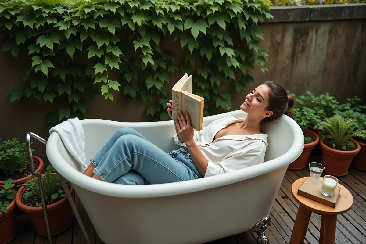 Femme lisant un livre dans une baignoire sur une terrasse entourée d'un jardin verdoyant, évoquant le repos et le bien-être personnel
