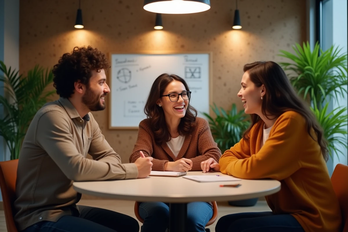Équipe diverse en réunion collaborative dans un espace de travail chaleureux, favorisant le bien-être collectif au bureau