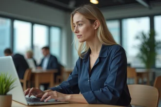 Femme professionnelle concentrée à son bureau dans un open space moderne, illustrant le bien-être mental au travail