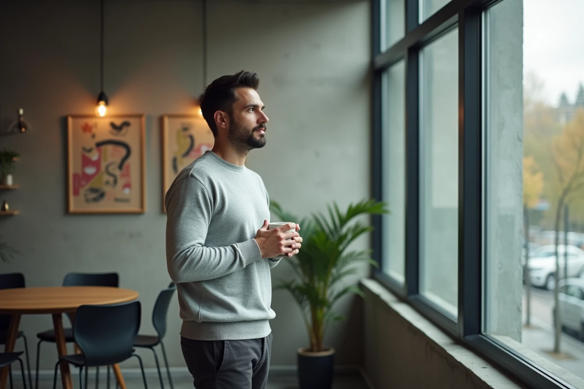 Homme en pause café devant une grande fenêtre de bureau, moment de bien-être et de réflexion au travail