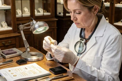 Bijoutière examinant un poinçon sur une bague en or avec une loupe dans un atelier