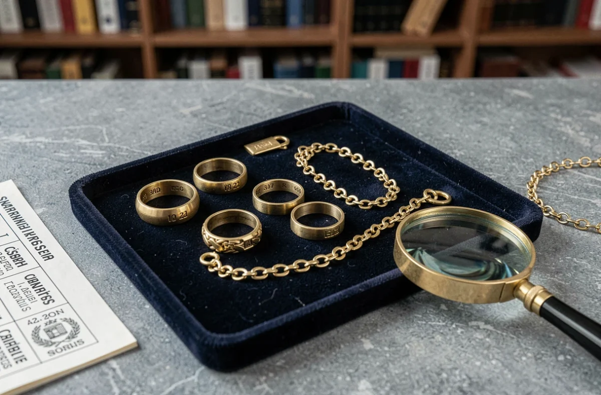 Bijoux en or avec poinçons légaux sur plateau de velours pour expertise