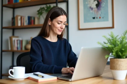 Femme en télétravail concentrée à son bureau à domicile bien organisé avec ordinateur portable et plantes