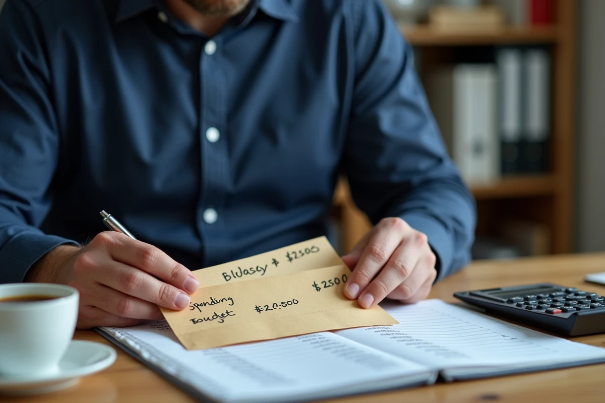Homme organisant son budget mensuel avec des enveloppes étiquetées à la main et un bloc-notes chiffré