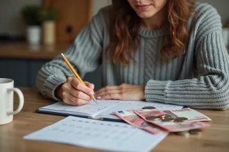 Femme qui budgétise à la main avec un carnet, des billets et des pièces sur une table de cuisine en bois