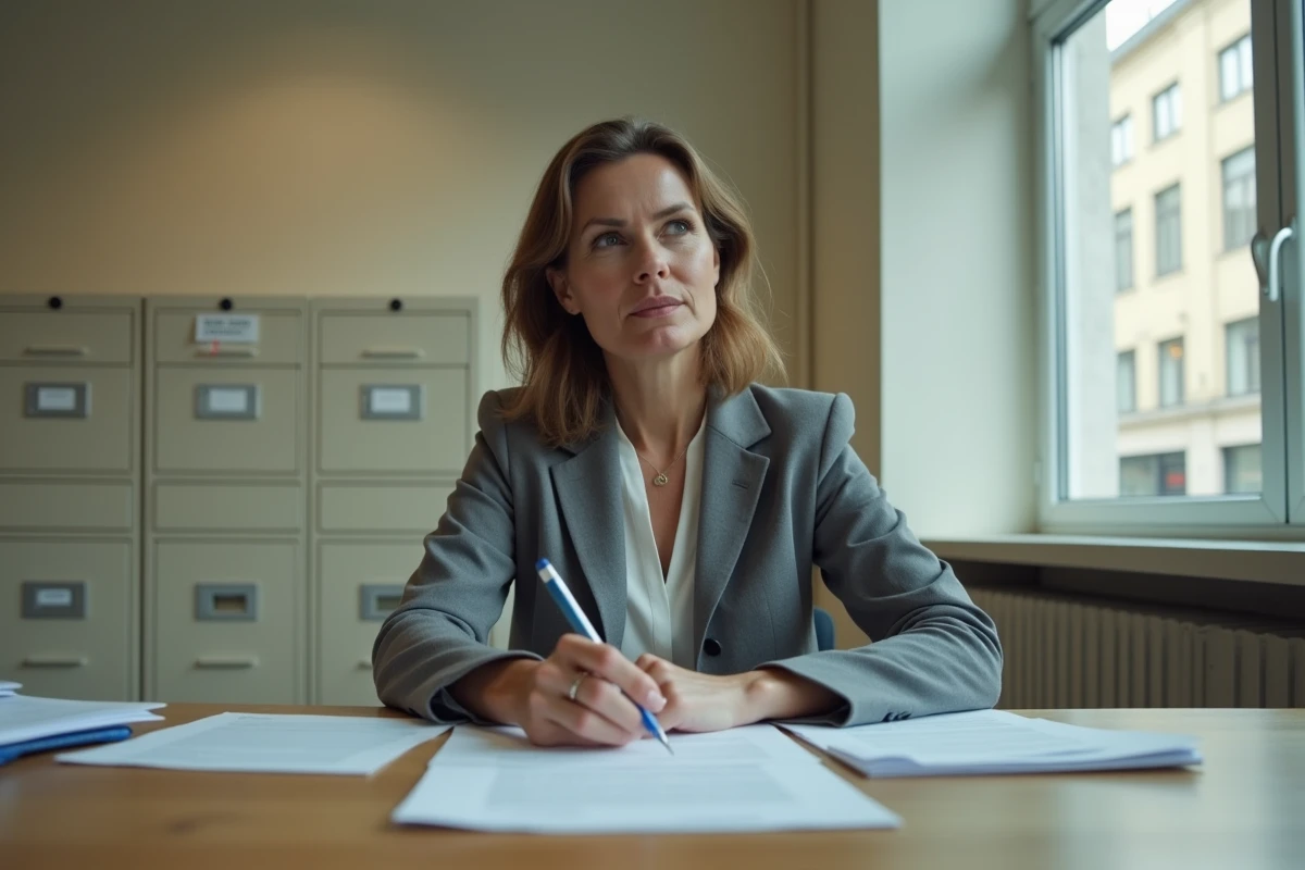 Fonctionnaire européenne examinant des dossiers administratifs liés aux demandes d'immigration dans un bureau gouvernemental calme et peu fréquenté